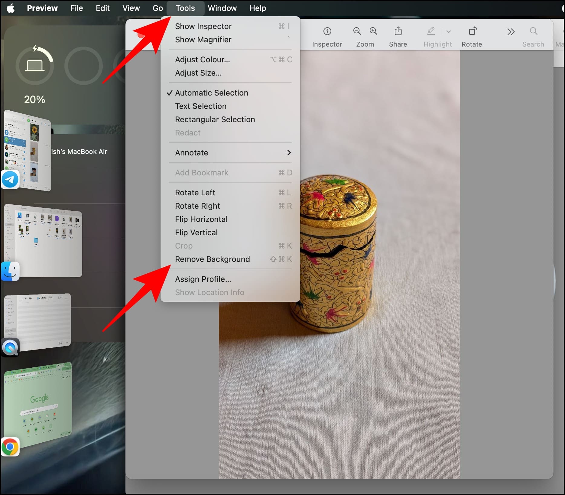Preview в macOS: команда Remove Background в меню инструментов