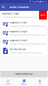 Audio Converter на Android: вкладка Merge со списком аудиофайлов