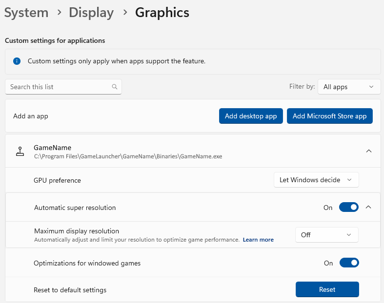 Параметры отдельной игры в разделе Графика Windows 11
