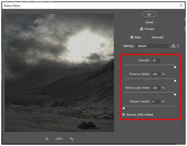 Параметры Strength Preserve Details Reduce Color Noise и Sharpen Details