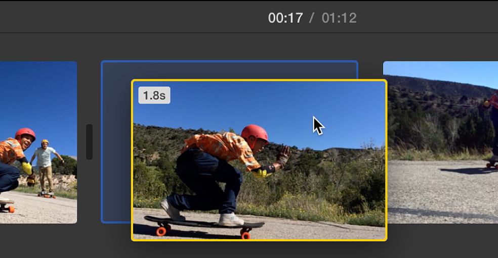 Перемещение видеоклипа на шкале времени iMovie на Mac