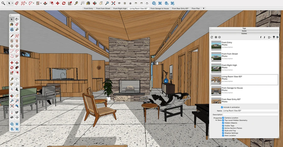 Рабочая область SketchUp с трехмерной моделью помещения