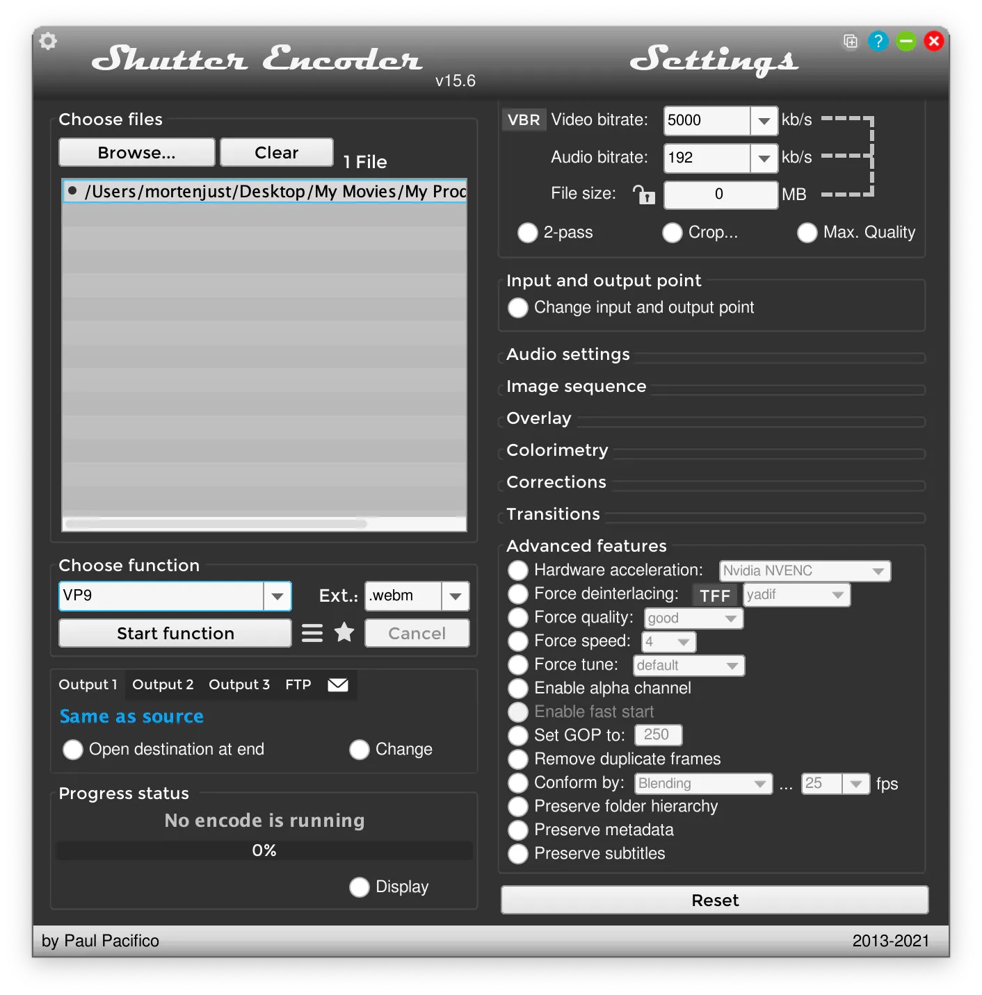 Интерфейс Shutter Encoder с выбором функции кодирования