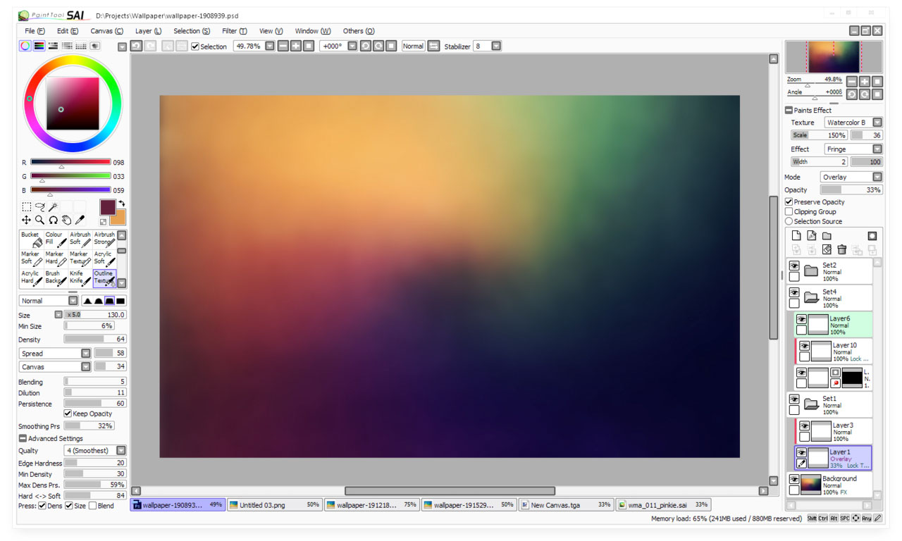 Интерфейс Paint Tool SAI со слоями, кистями и режимами наложения