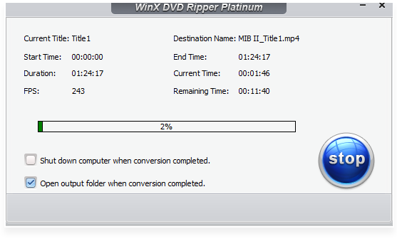 Окно процесса конвертации DVD в WinX DVD Ripper Platinum