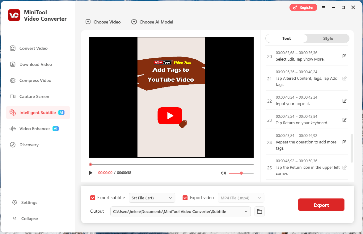 Модуль Intelligent Subtitle в MiniTool Video Converter