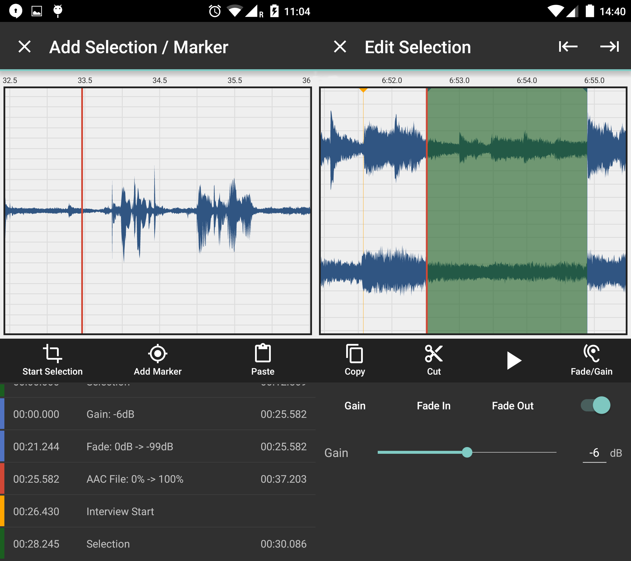 Редактирование выделения в Auphonic Edit на Android