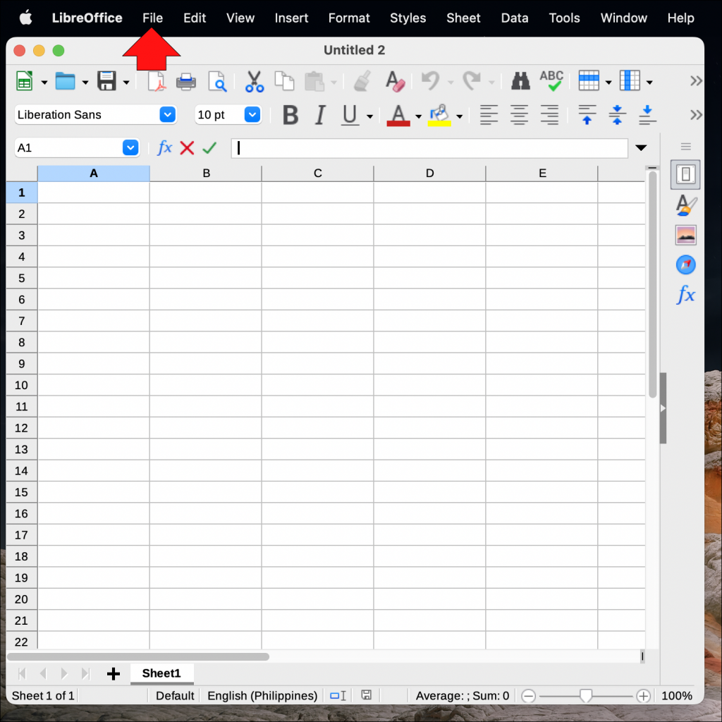 Интерфейс LibreOffice Calc на macOS с листом, строкой формул и панелью инструментов