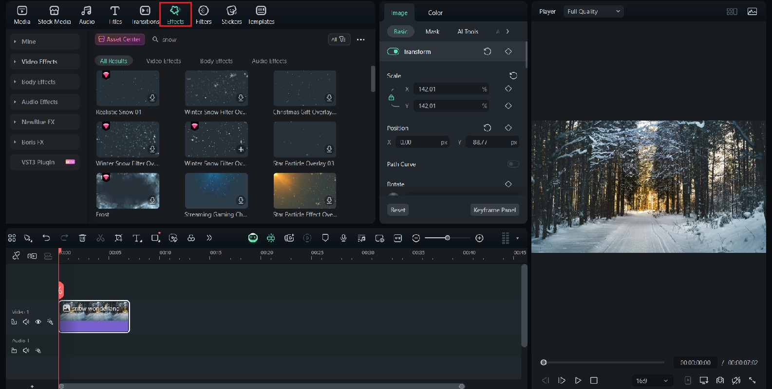Wondershare Filmora: поиск Snow во вкладке Effects