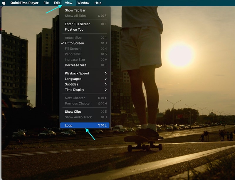 QuickTime Player: команда Loop в меню View