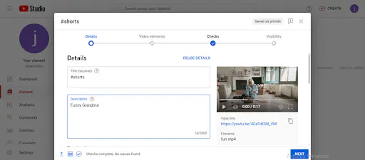Заполнение сведений о Short в YouTube Studio