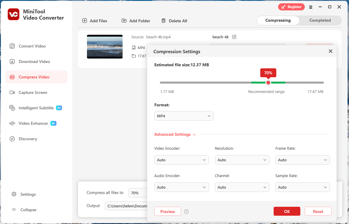 Окно Compression Settings в MiniTool Video Converter