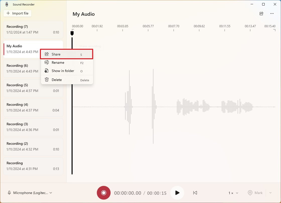 Команда Share для записи в Sound Recorder Windows 11