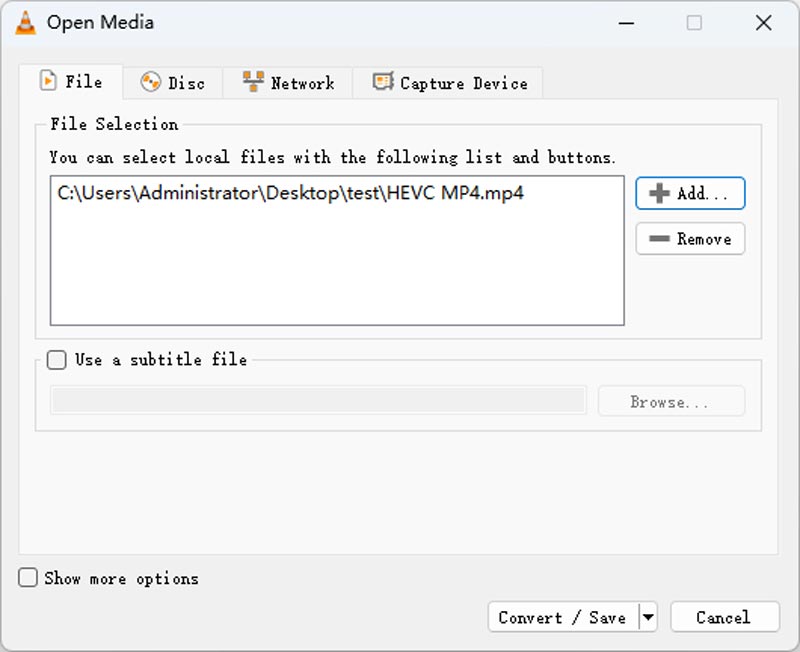Добавление HEVC-файла в окно Open Media VLC