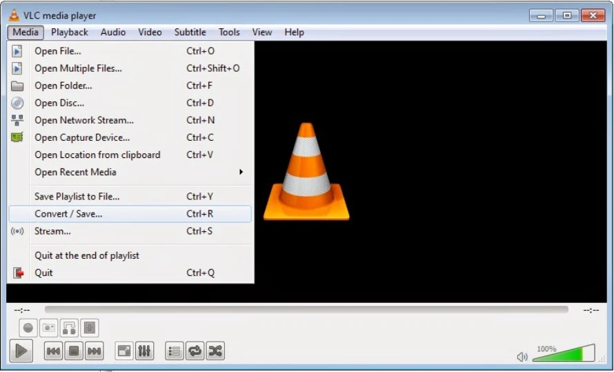 Интерфейс VLC Media Player с меню работы с медиафайлами