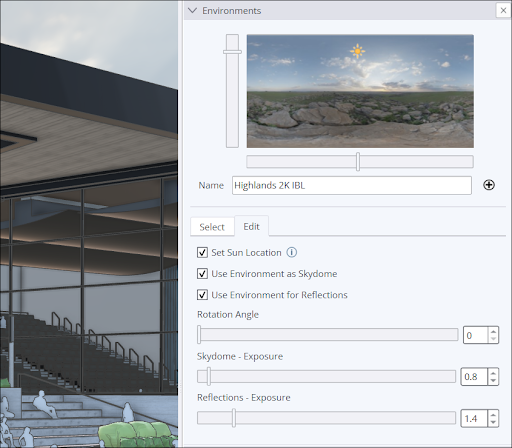 Панель Environments и пример модели с визуальными материалами в SketchUp