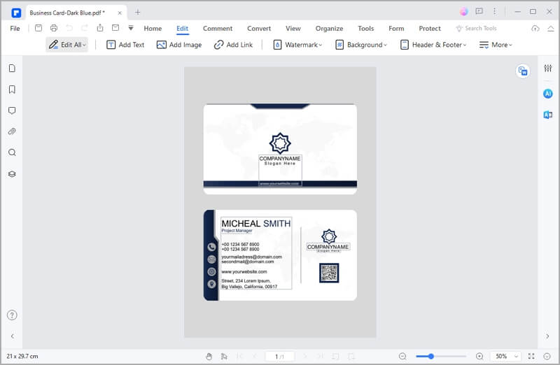 Редактирование макета визитки в Wondershare PDFelement