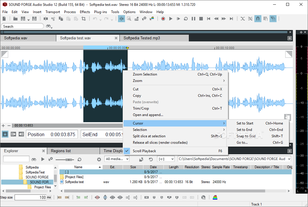 SOUND FORGE Audio Studio с выделением и командой Trim Crop