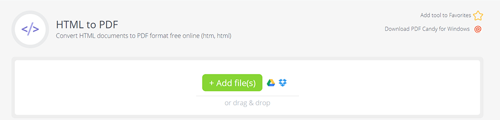Форма добавления HTML-файла в PDF Candy