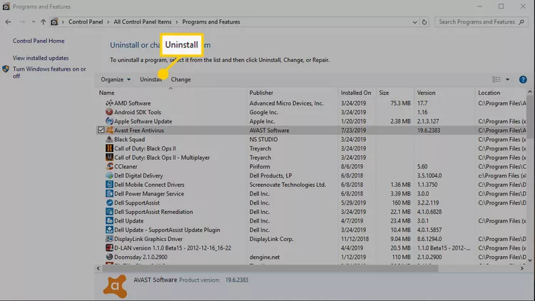Окно Avast Setup с выбором удаления