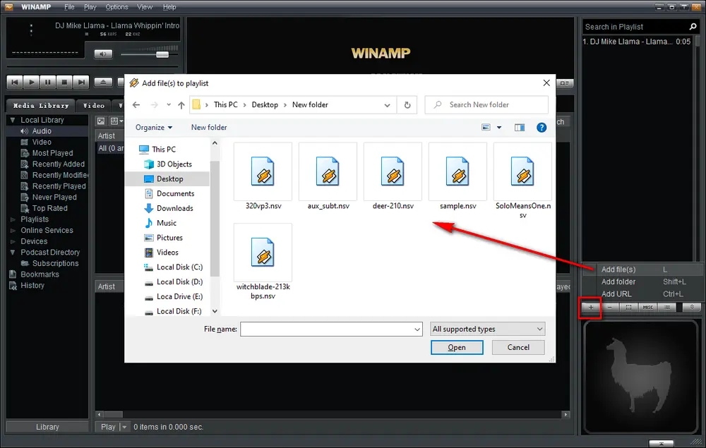 Winamp: добавление нескольких реальных файлов .nsv в список воспроизведения