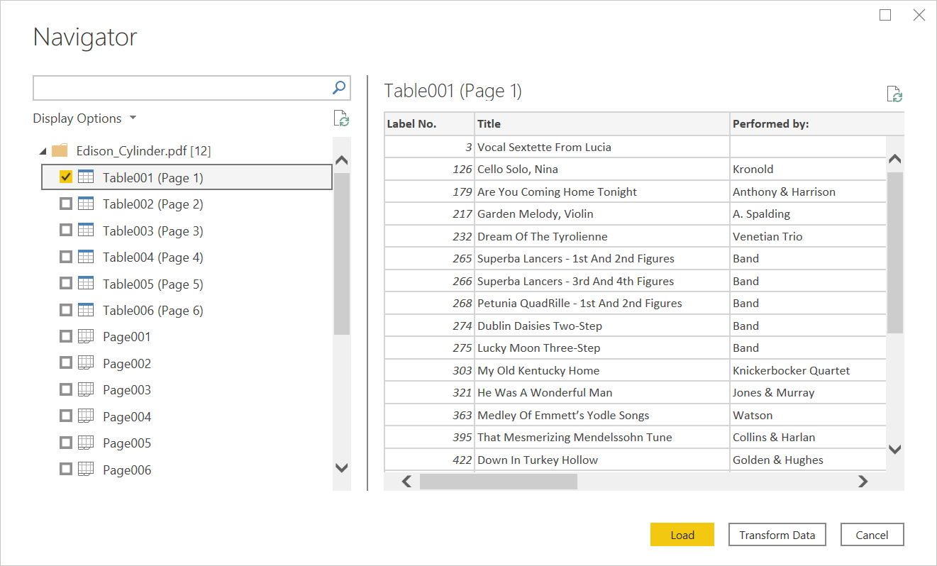 Окно Navigator Power Query с таблицами, кнопками Load и Transform Data