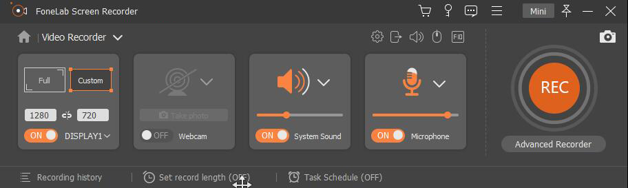 Настройки Video Recorder: Custom, Webcam, System Sound, Microphone, Advanced Recorder и REC