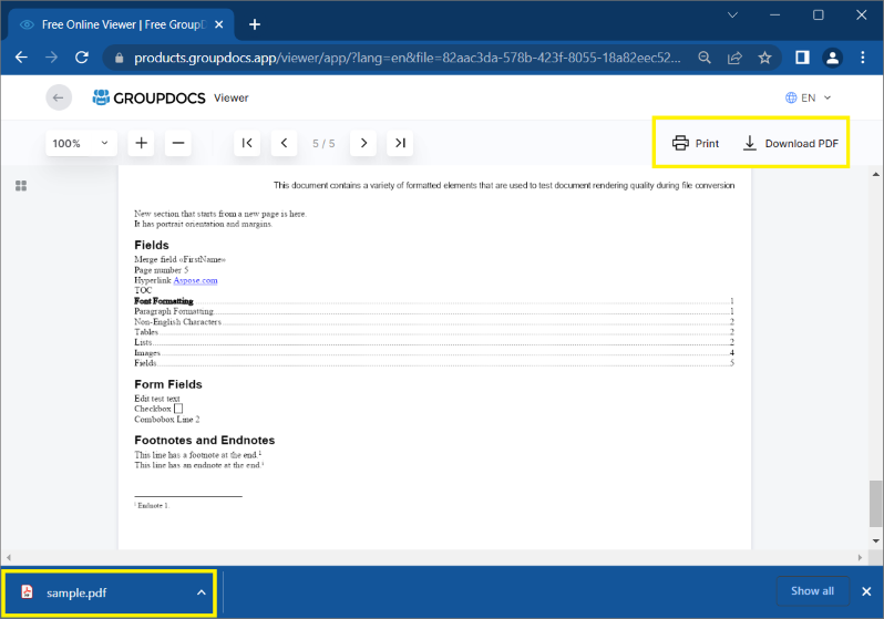 Кнопки Print и Download PDF в GroupDocs Viewer