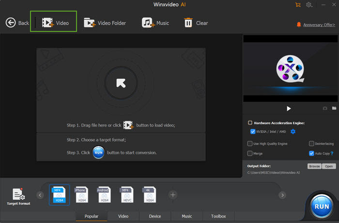 Winxvideo AI: окно Video Converter с кнопкой Video, выбором MP4 и RUN