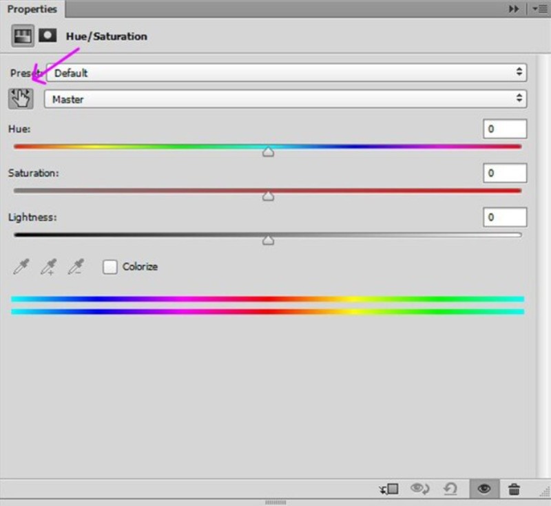 Целевой инструмент и красный диапазон в панели Hue Saturation Photoshop