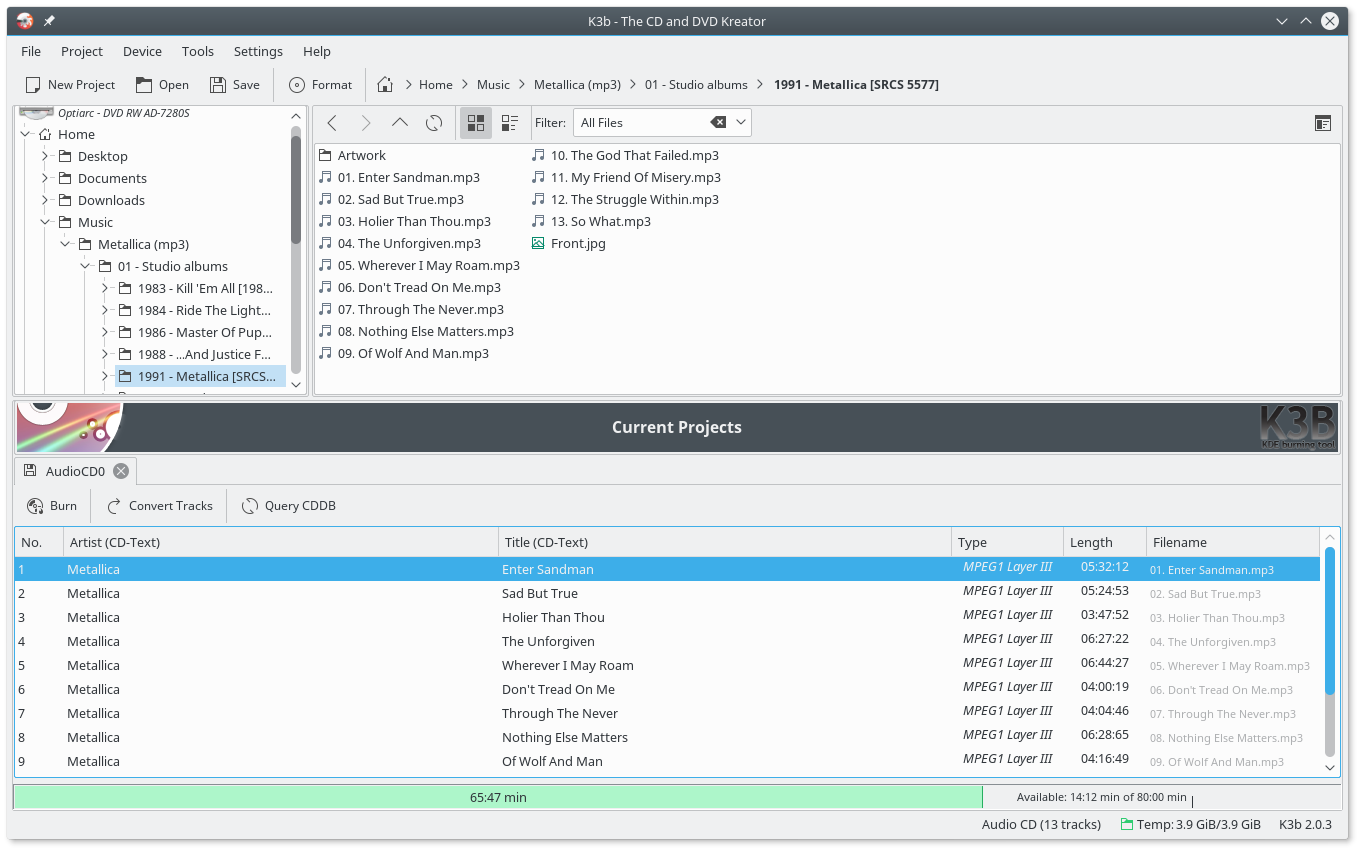 Рабочее окно K3b с проектом Audio CD