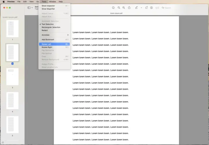 Preview на macOS: выбор страницы и команда Rotate Left