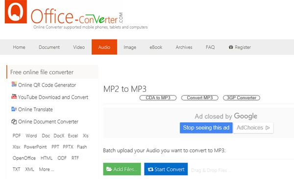 Интерфейс OfficeConverter для MP2 в MP3