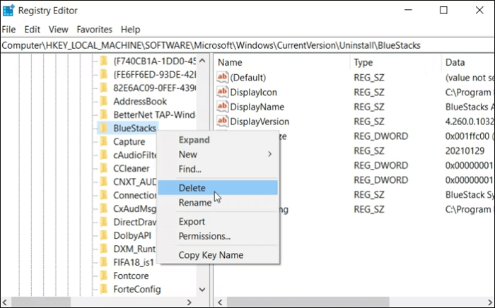 Команда Delete для подтверждённой записи программы в разделе Uninstall