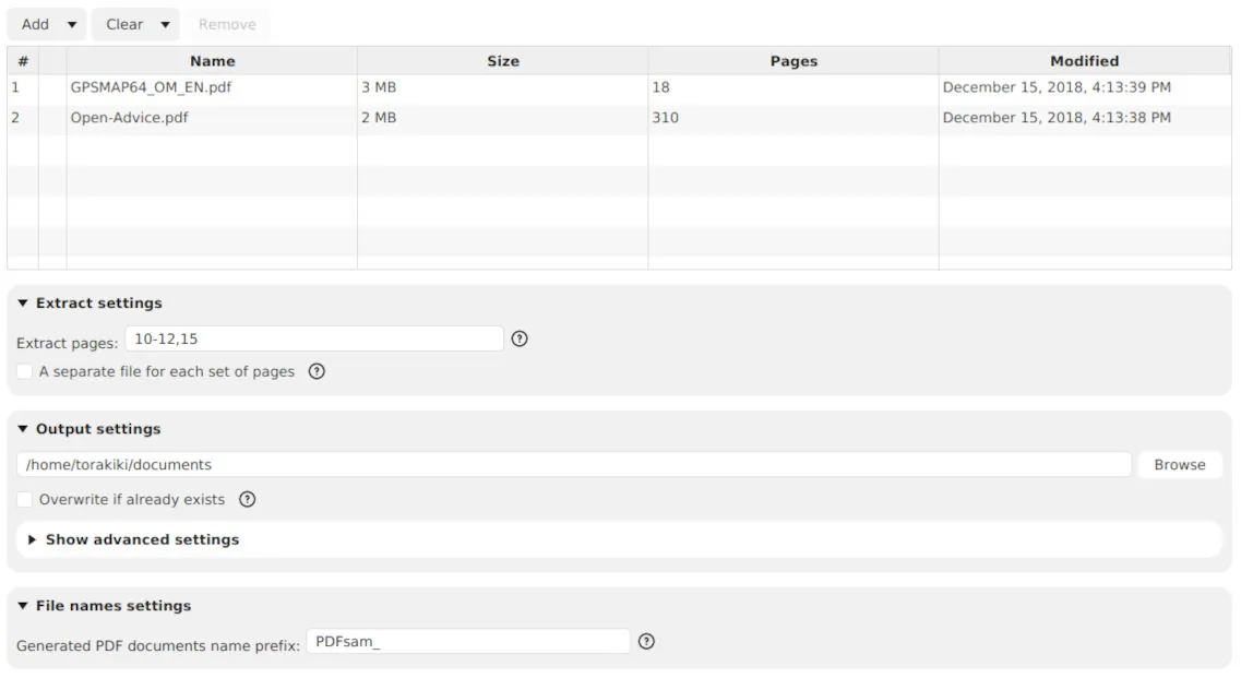 Модуль Extract в PDFsam Basic с полем Extract pages и настройками выходных файлов