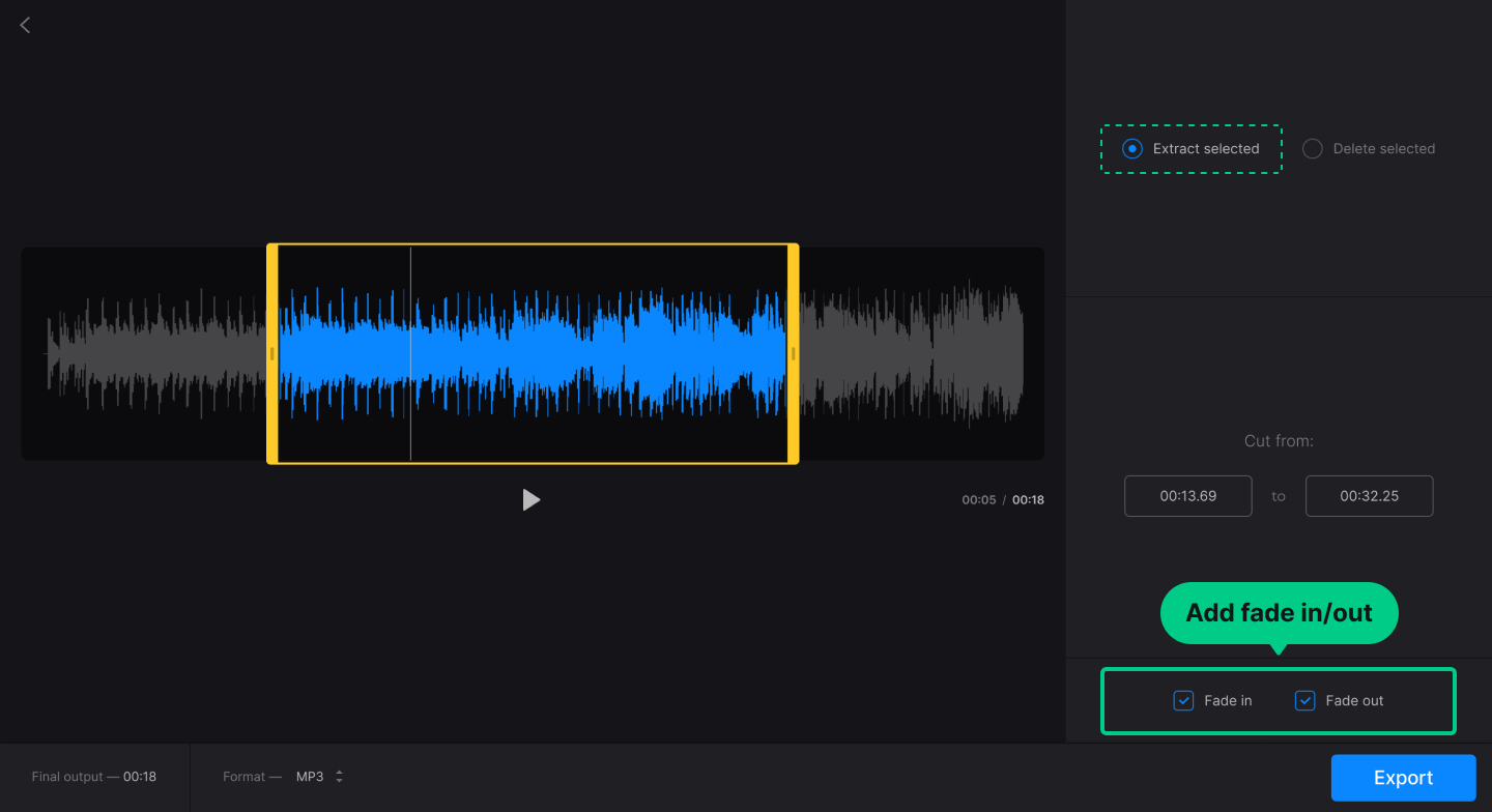 Clideo Audio Cutter: параметры Fade in и Fade out перед экспортом