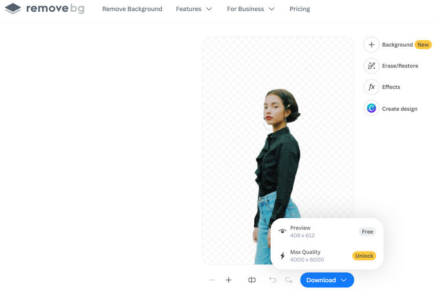 Remove.bg: веб-интерфейс после автоматического удаления фона