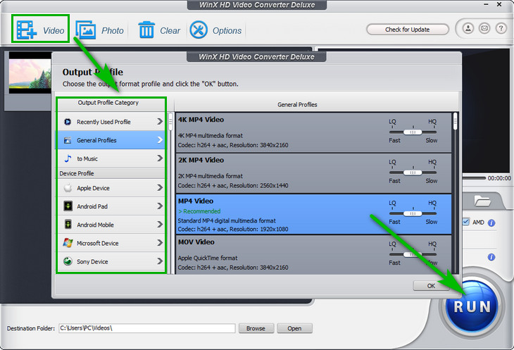 Выбор профиля вывода и кнопка RUN в WinX HD Video Converter Deluxe