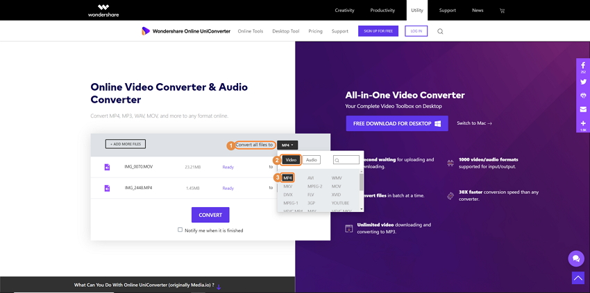 Media.io: выбор целевого видеоформата в поле Convert all files to