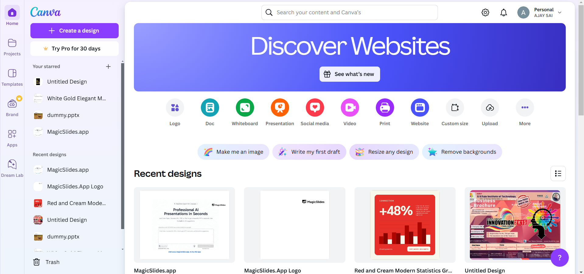Canva: главная страница и команда Create a design