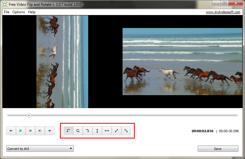 Кнопки поворота и зеркального отражения в Free Video Flip and Rotate