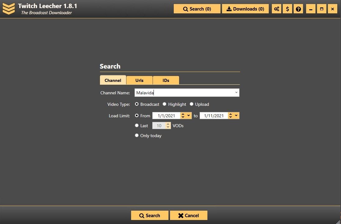 Поиск Twitch Leecher по каналу: вкладка Channel, типы Broadcast, Highlight и Upload