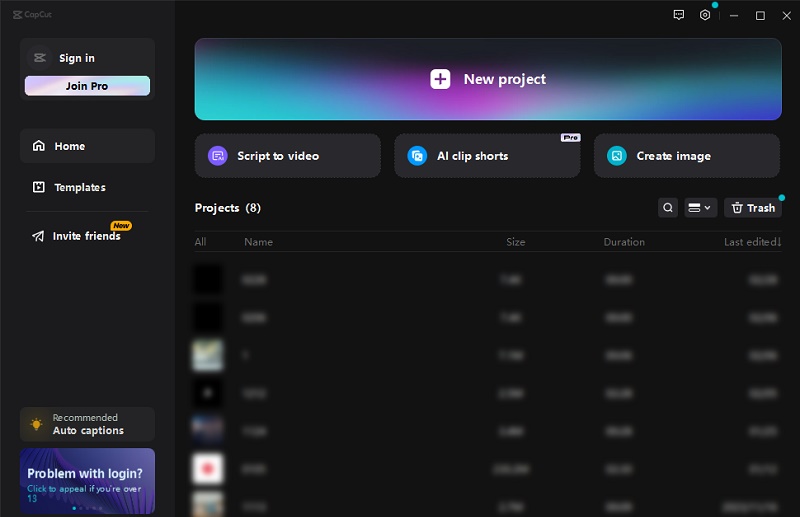 Стартовый экран CapCut Desktop с кнопкой New project