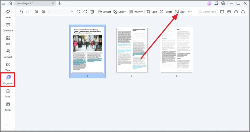 Кнопка Size в режиме Organize программы PDFelement