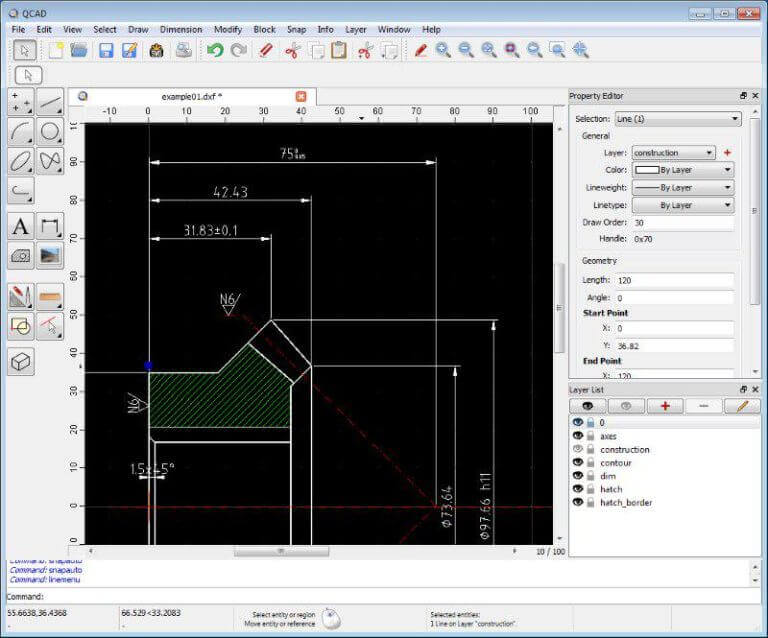 Интерфейс QCAD с 2D DXF-чертежом