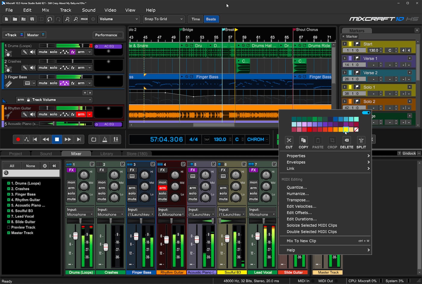 Интерфейс Mixcraft с гитарной аудиодорожкой и микшером
