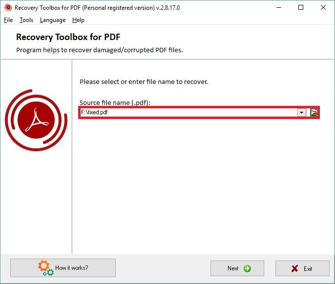 Интерфейс Recovery Toolbox for PDF с выбором исходного файла