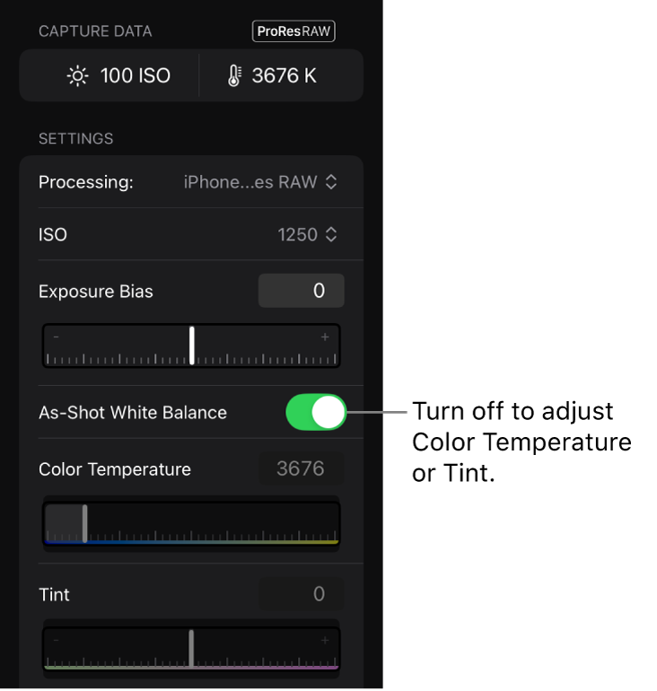 iPhone ProRes RAW controls для баланса белого и tint на iPad