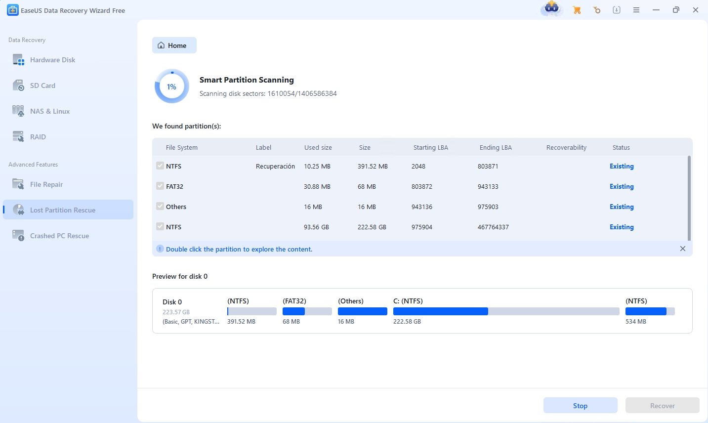 EaseUS Data Recovery Wizard во время сканирования диска