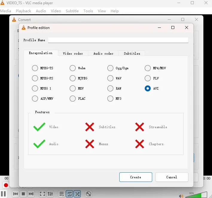 Создание профиля AVI в VLC media player